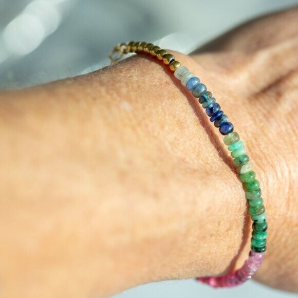 GORGEOUS Rainbow SAPPHIRE Beaded Bracelet Waterproof Gold Non-Tarnish Bracelet - Picture 9 of 10